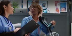 Injured patient with crutches talking to nurse in hospital waiting room