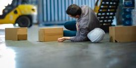 Worker who has slipped and fallen next to dropped boxes in warehouse